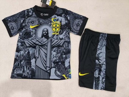 2024 Brazil Special Edition Jesus Black Gray Soccer Jersey Kids Size Suit