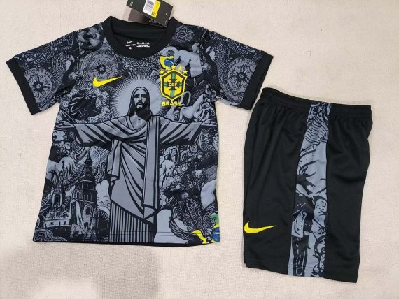 2024 Brazil Special Edition Jesus Black Gray Soccer Jersey Kids Size Suit